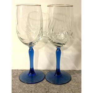 Set of 2 Vintage Lenox Drape Design Blue Stemmed Wine Glasses w/ Gold Rim  # 334